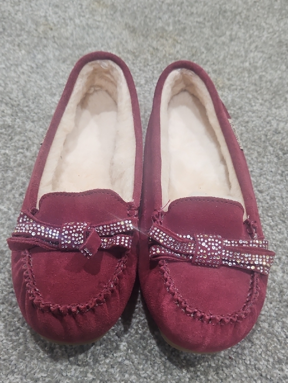 Bear Paw Rhinestone Bow Sheepskin Moccassin Slippers